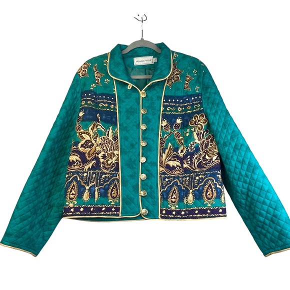 Howard Wolf Dallas SZ 8 Quilted Jacket Teal Gold Metallic Boho Vintage Made USA - Picture 1 of 16